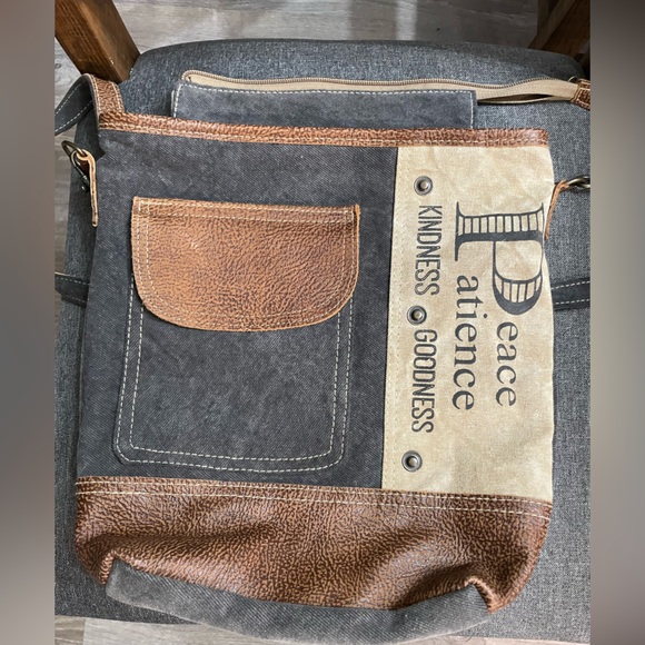 Myra Vintage-Inspired “Peace Pocket” Messenger Bag in Brown and Tan - Picture 1 of 8